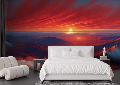 A panoramic view from a mountaintop, with the sun setting behind a distant horizon, painting the sky in brilliant shades of red and orange. Wall mural