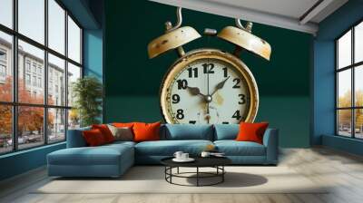 Alarm clock on a dark green background, ai technology Wall mural