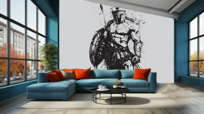 Spartan warrior mask weapons spear and helmet in action Artwork vector editable logo for t-shirt design and multipurpose use in high definition format Wall mural