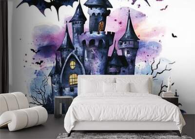 A dark castle looms against the night sky, illuminated by glowing windows. Bats soar through the air, creating a chilling Halloween vibe in a mystical setting Wall mural