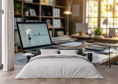 Financial documents and a laptop on a desk in a modern office with natural light Wall mural