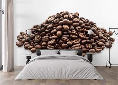 Freshly roasted coffee beans stacked in a mound on a white background, highlighting their rich color and texture Wall mural