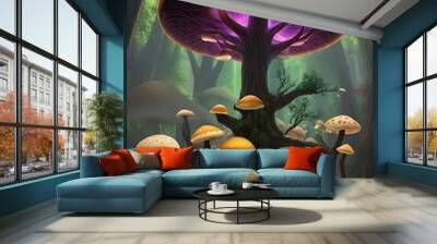 Fantasy forest landscape with magic mushrooms, Glowing mushrooms in a dreamy forest.Ai Generated Wall mural