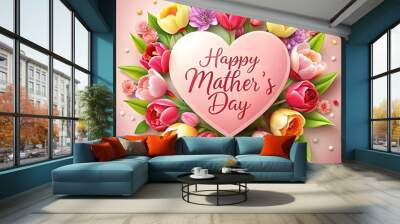 Happ Mother's Day. Happy Love Mum  Floral and Love shape. Ai Generated Wall mural