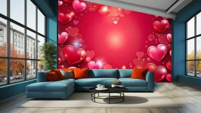 Happy Valentine's Day banner. Holiday background design with big heart made of pink, red and blue Origami Hearts on black fabric background. Ai Generated Wall mural