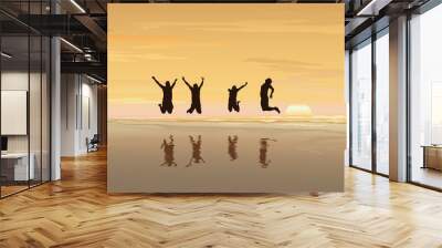 Freedom and independence concept background, Silhouette of happy people jumping on sea beach - Vector illustration  Wall mural