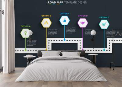 Illustration of colorful roadmap infographic template design with 5 steps  Wall mural