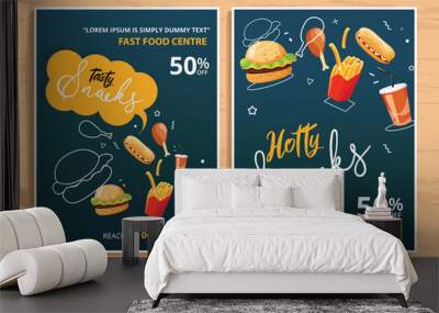 Set of two food brochure template vector design with graphics. Illustration of restaurant business flyer design with the food graphics, text and icons. Wall mural