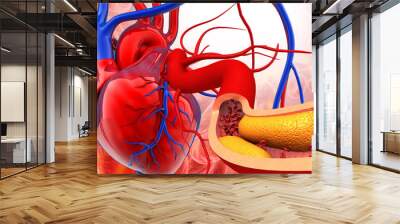 Cholesterol plaque in artery with human heart anatomy. 3d illustration. Wall mural