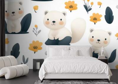 Cute Cartoon White Bears Seamless Pattern with Yellow Flowers Wall mural