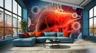 Hepatitis virus with human liver. 3d illustration. Wall mural