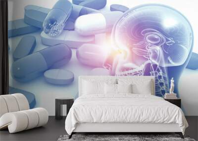 Human brain anatomy on medicine pill background. 3d illustration.. Wall mural