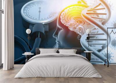 Human brain anatomy with dna strand, medical equipment. 3d illustration... Wall mural