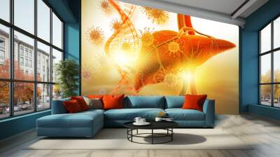 Human liver anatomy with virus. 3d illustration.. Wall mural