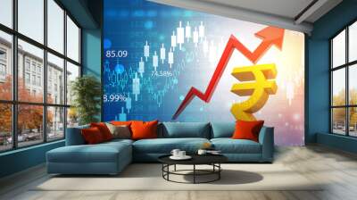 Indina rupee symbol with arrow graph on stock market background. 3d illustration.. Wall mural