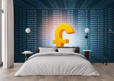 Pound sign on stock market background. 3d illustration. Wall mural