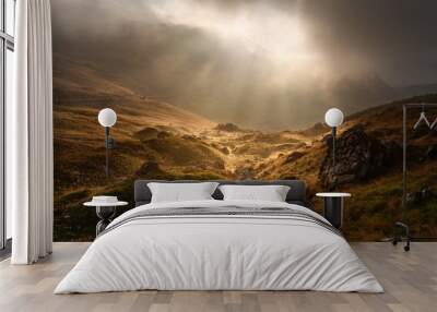 Dramatic fogy landscape with sunbeams Wall mural