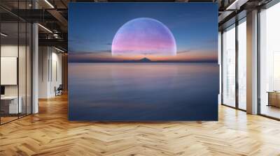 Pink planet like moon above the ocean and mountain Wall mural