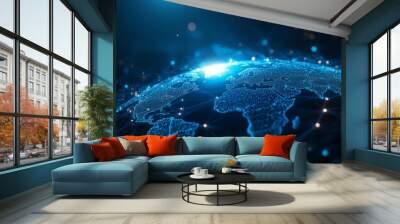 
Digital, blue-glowing global network concept with light connections around the Earth planet, a business and connectivity technology background. Big data information exchange online on a dark backdrop Wall mural