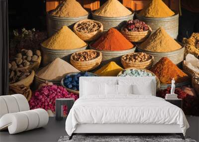 Colorful spices at a traditional market in Marrakech, Morocco Wall mural