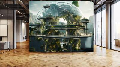 Futuristic technology concept, connected planet background of technology comunity, high growth of technology all over the world. House and tree growing in a glass dome creative ideas of the world or s Wall mural