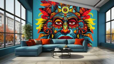 tribal mask symbol For performing evil spirit rituals, traditional tribal ritual masks. Totem head with colorful feathers. Wall mural