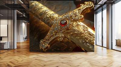 Close-up of ornate golden sword hilt with red gem, detail view. Wall mural