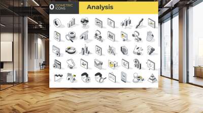 Business and data analysis. Isometric linear icons: analysis to infographics, analytics, and statistics. Collection includes charts, graphs, metrics, and more. Vector illustration Wall mural