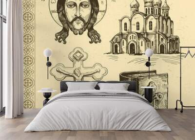 Orthodox symbols hand drawn Wall mural