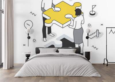 Team Assembling Puzzle Isometric Illustration Wall mural