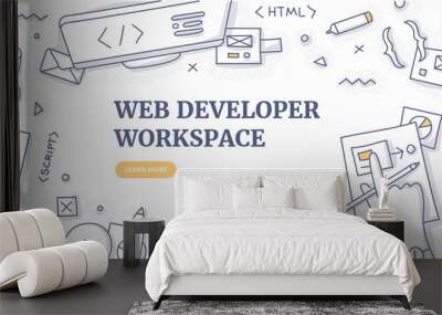 Web Developer Workspace Doodle Background Concept Wall mural