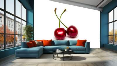 Two red cherries with stalks isolated on white background Wall mural