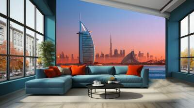 Dubai city - amazing city center skyline and famous Jumeirah beach at sunset, United Arab Emirates
 Wall mural