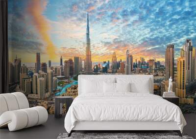 Dubai downtown, amazing city center skyline with luxury skyscrapers, United Arab Emirates Wall mural