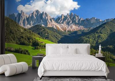 Famous alpine place  Santa Maddalena village with magical Dolomites mountains in background, Val di Funes valley, Trentino Alto Adige region, Italy, Europe Wall mural