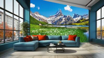 Scenic view on Bernese range above Bachalpsee lake. Popular tourist attraction. Location place Swiss alps, Grindelwald valley, Europe.  Wall mural