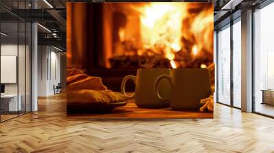 Steam from a cups with a hot cocoa on the fireplace background.   Wall mural