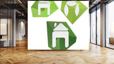 Collection of paper icons on polygonal triangular green backgrou Wall mural