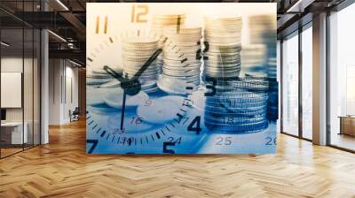 double exposure of rows of coins and calendar with clock for business and finance background Wall mural