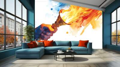 Abstract watercolor illustration with human hand holding torch with flame on white background. Olympics Games Fire. Opening ceremony. Summer Sports game victory symbol. Peace and hope Wall mural