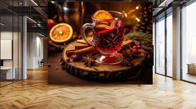 Aromatic hot mulled wine in glass cap with spices and citrus fruit on a table. Snow in evening. Concept of festive atmosphere and cozy winter mood. Traditional hot Christmas drink Wall mural