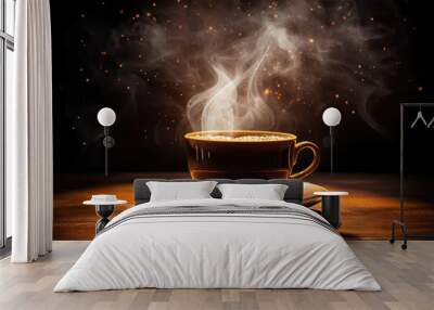 Banner with black hot coffee cup and golden smoke on wooden table. Mug with steaming smoke on dark background with golden lights, glittering sparkles and bokeh. Warm, light atmosphere. Magic mourning Wall mural