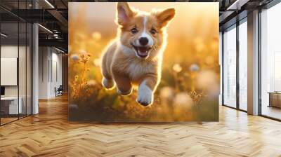 Banner with cute small welsh corgi pembroke puppy  running outdoor in autumn field. Happy smiling dog. Funny pet Wall mural