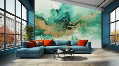 Banner with fluid art texture. Backdrop with abstract mixing paint effect. Liquid acrylic artwork that flows and splashes. Mixed paints for interior poster. Emerald green and gold colors	 Wall mural