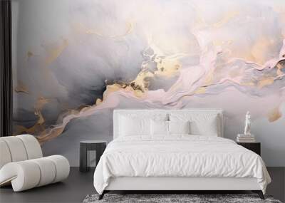 Banner with fluid art texture. Backdrop with abstract mixing paint effect. Liquid acrylic artwork that flows and splashes. Mixed paints for interior poster. Gray, pink and gold colors	 Wall mural