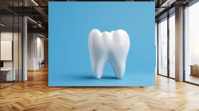 Banner with healthy tooth. Dental model of premolar tooth isolated on blue background. Whitening tooth and dental health. Concept of dental examination teeth and hygiene Wall mural