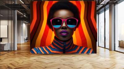 Beautiful african american woman in bright stylish clothes. Glamorous female model with artistic makeup wearing funky sunglasses. Creative colorful style Wall mural