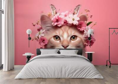 Beautiful cat wearing a crown of flowers and butterflies on pastel pink background. Cute animal with flower wreath and butterfly on his head. Spring female concept  Wall mural