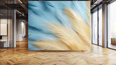 Beautiful closeup feather background in light blue and gold colors. Macro texture of colorful fluffy feathers from tropical bird. Minimal abstract pattern with copy space Wall mural