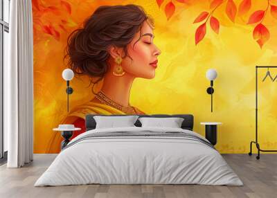 Beautiful indian woman wearing traditional indian costume saree and kundan jewelry on yellow background with copy space. Ugadi or Gudi Padwa celebration. Hindu New Year. Religion and ethnic concept Wall mural